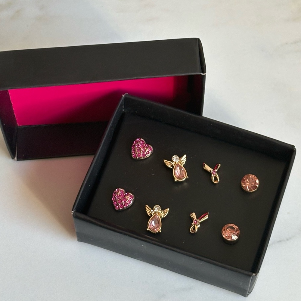 Avon Pink Ribbon Breast Cancer Crusade 4 Pair Stud Set Angel Heart Rhinestone